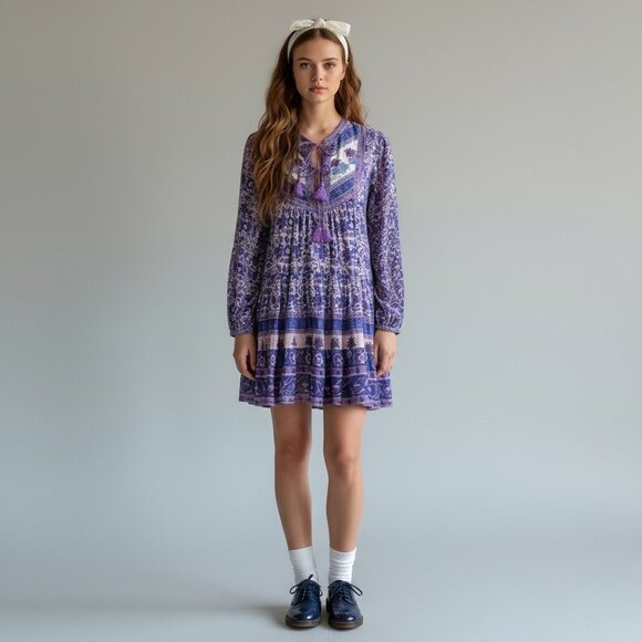 Blue Boheme Tiered Floral Dress Sz.S Purple Tassels Peasant Boho Festival - Picture 15 of 15